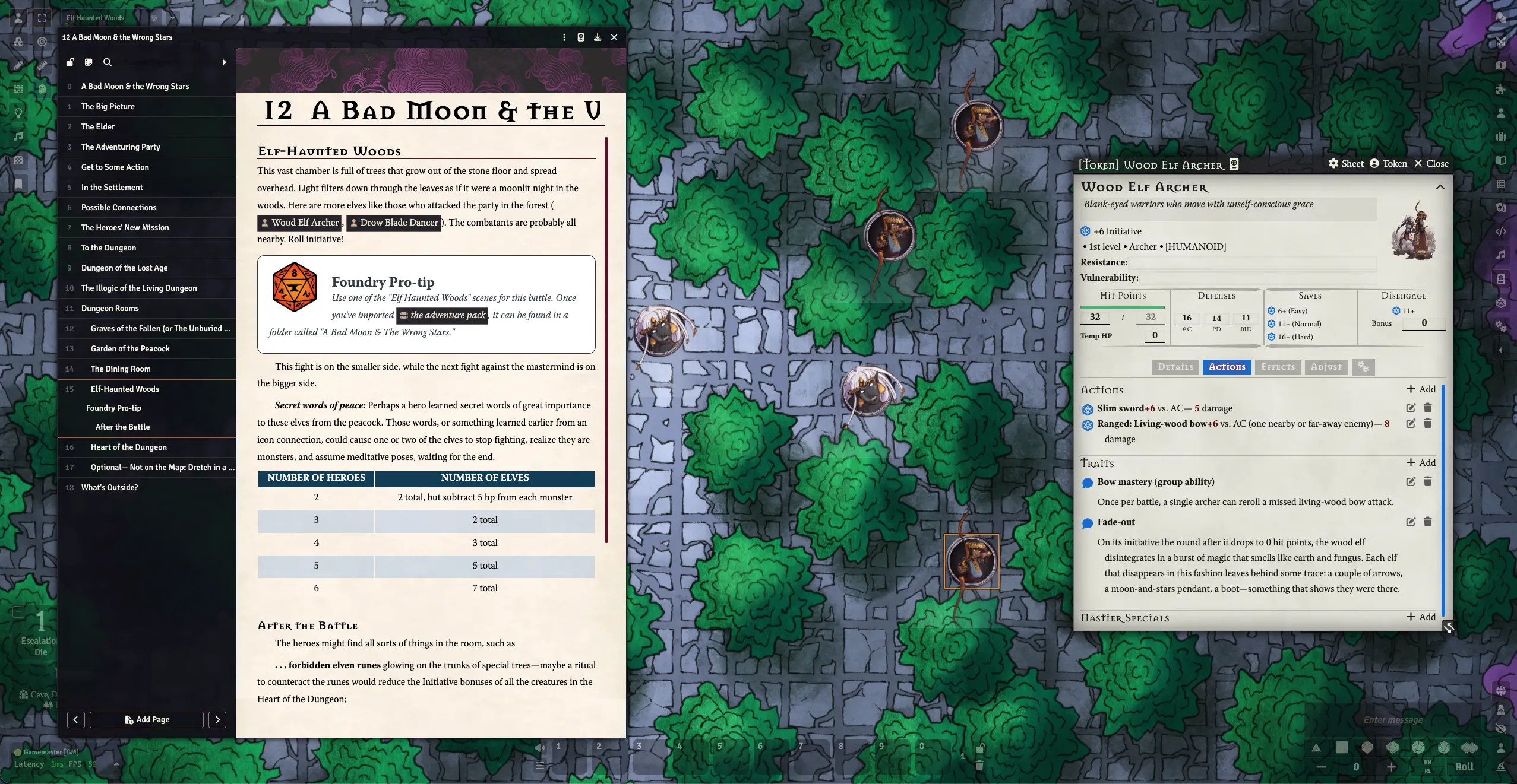 Screenshot of the A Bad Moon & The Wrong Stars adventure and a Wood Elf Archer stat block.