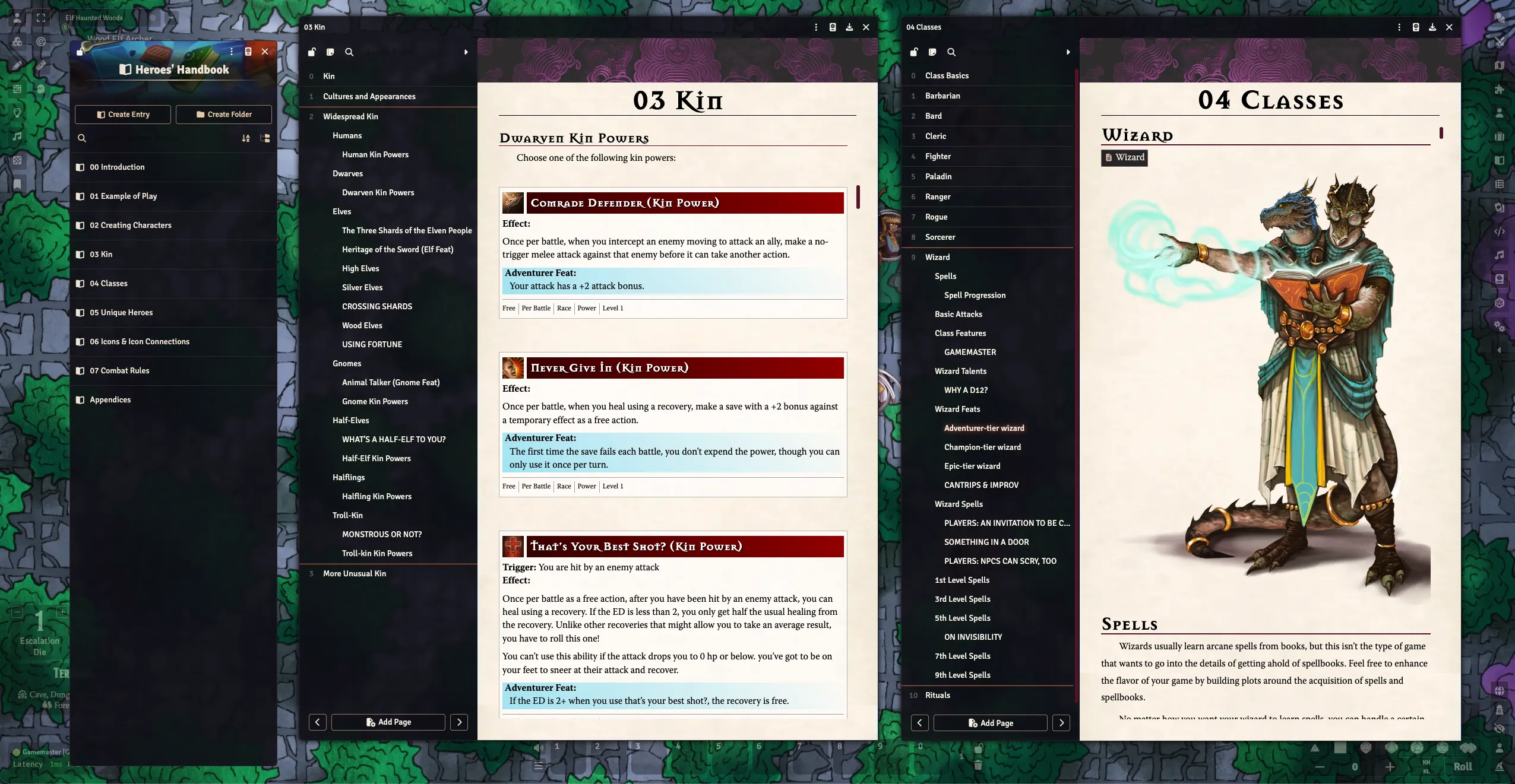 Screenshot of the Dwarven kin and Wizard class journal entries.